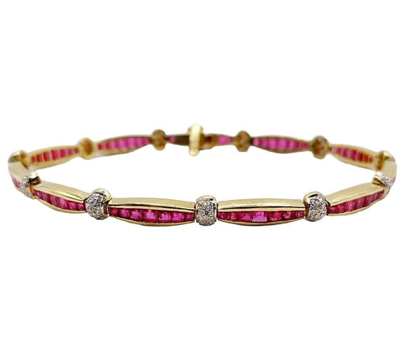 Bracelet Bracelet Art déco en or jaune 18K avec rubis synthétiques et diamants 58 Facettes A05502