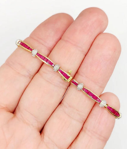 Bracelet Bracelet Art déco en or jaune 18K avec rubis synthétiques et diamants 58 Facettes A05502