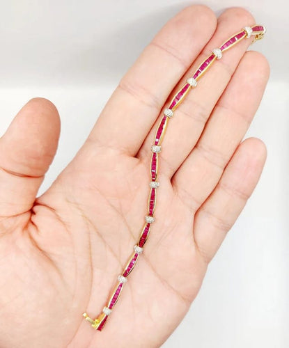Bracelet Bracelet Art déco en or jaune 18K avec rubis synthétiques et diamants 58 Facettes A05502