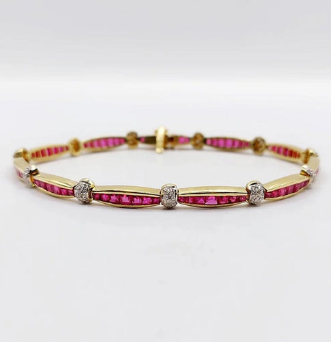 Bracelet Bracelet Art déco en or jaune 18K avec rubis synthétiques et diamants 58 Facettes A05502