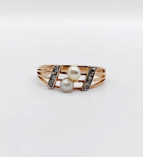 Bague 53 Bague toi et moi antique en or rose 18k, perles et diamants 58 Facettes A05617