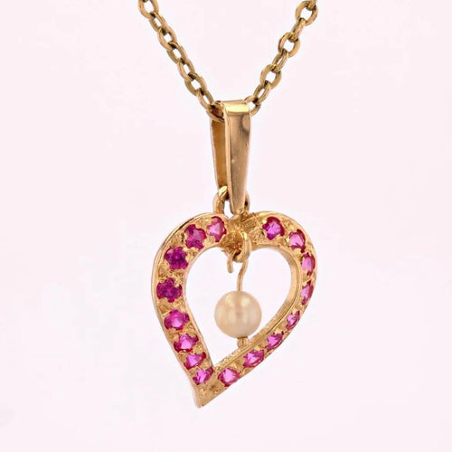 Pendentif Pendentif cœur en or jaune 18 carats, rubis de synthèse et perle 58 Facettes 21-275B
