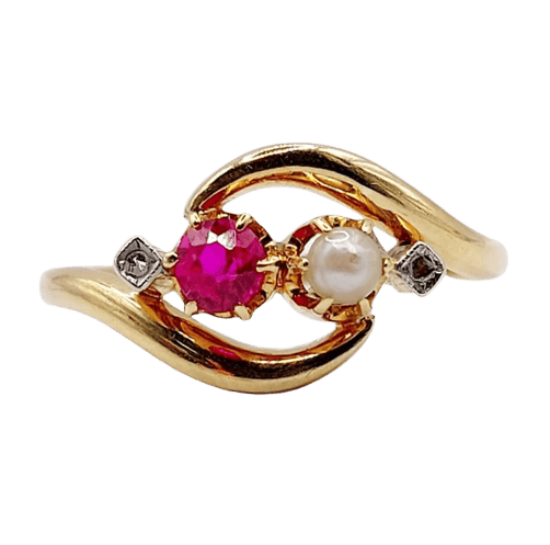 Bague 56.5 Bague toi et moi Art nouveau en or jaune 18k, rubis synthétique 58 Facettes A05749