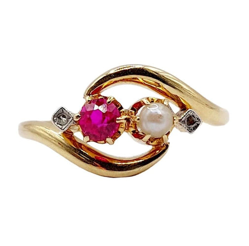 Bague 56.5 Bague toi et moi Art nouveau en or jaune 18k, rubis synthétique, perle et diamants 58 Facettes A05749