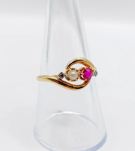 Bague 56.5 Bague toi et moi Art nouveau en or jaune 18k, rubis synthétique, perle et diamants 58 Facettes A05749
