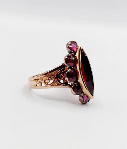 Bague 58 Bague marquise antique en or rose 18k aux grenats sur paillons 58 Facettes A05967