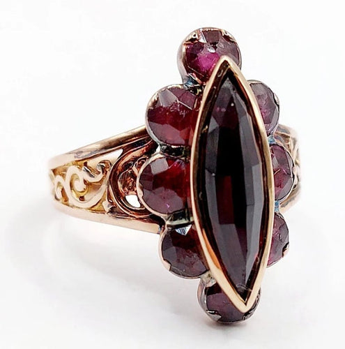 Bague 58 Bague marquise antique en or rose 18k aux grenats sur paillons 58 Facettes A05967