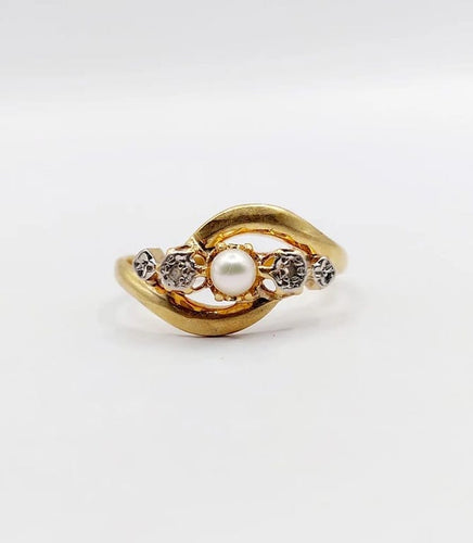 Bague 50.5 Bague Art nouveau en or jaune 18k, perle et diamants taille rose 58 Facettes A06052