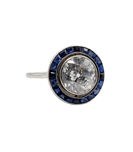 Bague 57.5 Art déco - Bague cible en or blanc 18k diamants et saphirs 58 Facettes A06140
