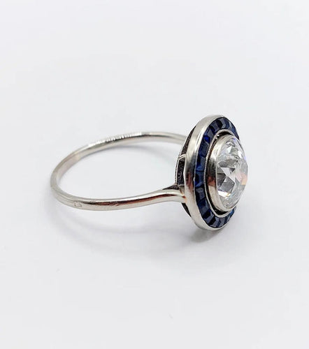 Bague 57.5 Art déco - Bague cible en or blanc 18k diamants et saphirs 58 Facettes A06140