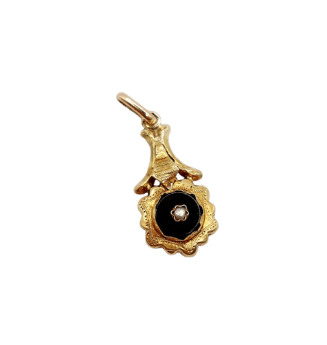 Pendentif Pendentif victorien fleur en or jaune 18k avec onyx et perle 58 Facettes A06038