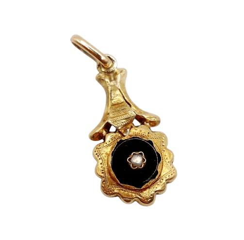 Pendentif Pendentif victorien fleur en or jaune 18k avec onyx et perle 58 Facettes A06038