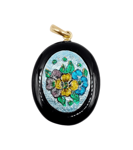 Pendentif Pendentif vintage en or rose 18k avec onyx et plaque émaillée 58 Facettes A06188