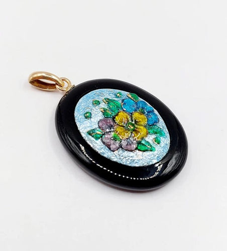 Pendentif Pendentif vintage en or rose 18k avec onyx et plaque émaillée 58 Facettes A06188