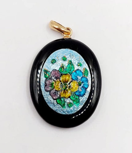 Pendentif Pendentif vintage en or rose 18k avec onyx et plaque émaillée 58 Facettes A06188