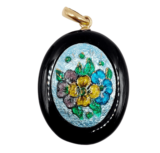 Pendentif Pendentif vintage en or rose 18k avec onyx et plaque émaillée 58 Facettes A06188