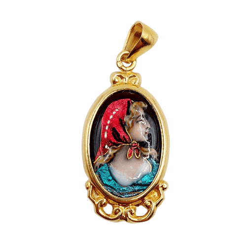 Pendentif Pendentif Art nouveau en or rose 18k avec plaque émaillée Limoges 58 Facettes A06216