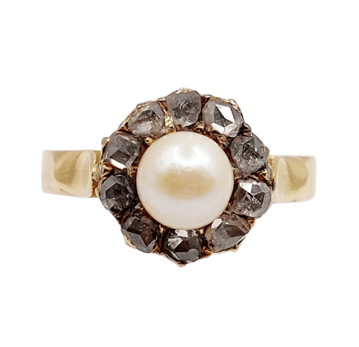 Bague 56 Bague marguerite antique en or rose 18k, perle et diamants 58 Facettes A06199