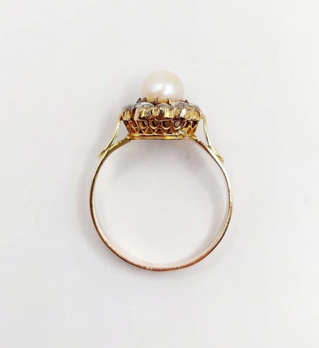 Bague 56 Bague marguerite antique en or rose 18k, perle et diamants 58 Facettes A06199