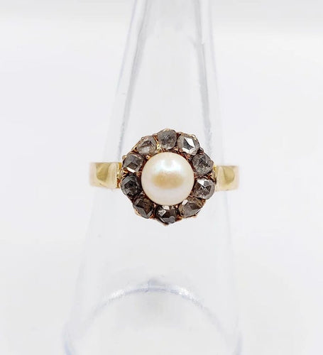 Bague 56 Bague marguerite antique en or rose 18k, perle et diamants 58 Facettes A06199
