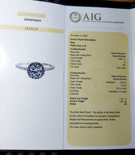 Bague 54 Bague solitaire en or blanc 14k avec diamant 0,98 ct (certificat AIG) 58 Facettes A06225