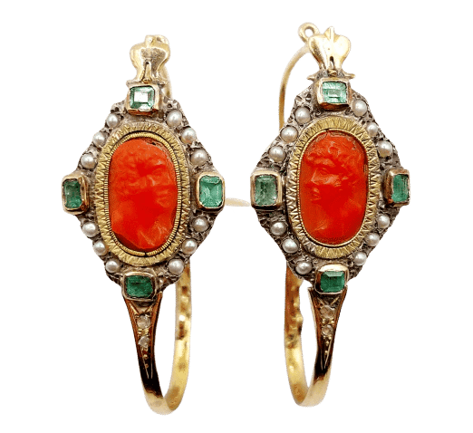 Boucles d'oreilles Dormeuses poissardes victoriennes XXL en or jaune 18k, camée corail 58 Facettes A06366
