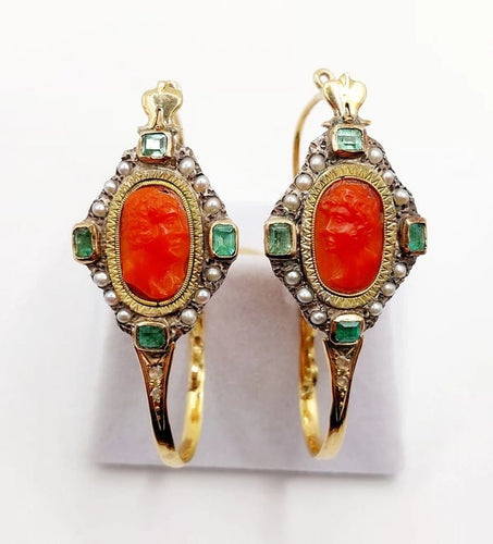 Boucles d'oreilles Dormeuses poissardes victoriennes XXL en or jaune 18k, camée corail 58 Facettes A06366