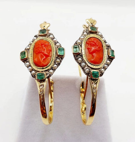 Boucles d'oreilles Dormeuses poissardes victoriennes XXL en or jaune 18k, camée corail 58 Facettes A06366