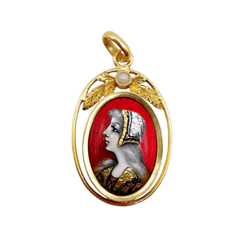 Pendentif Limoges Art nouveau - Pendentif en or jaune 18k, émail et perle 58 Facettes A06389