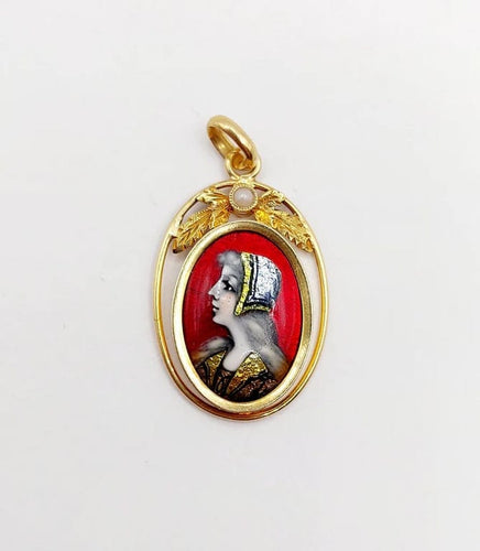 Pendentif Limoges Art nouveau - Pendentif en or jaune 18k, émail et perle 58 Facettes A06389