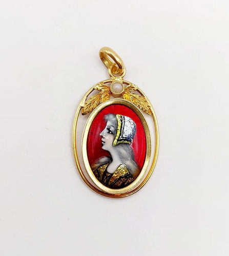 Pendentif Limoges Art nouveau - Pendentif en or jaune 18k, émail et perle 58 Facettes A06389