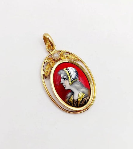 Pendentif Limoges Art nouveau - Pendentif en or jaune 18k, émail et perle 58 Facettes A06389