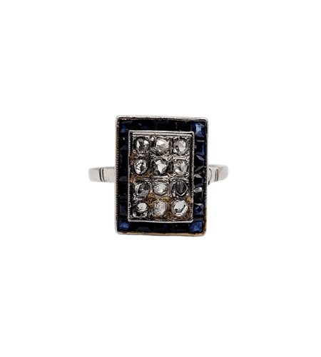 Bague 51 Bague marquise Art déco en or blanc 18k, diamants et saphirs calibrés 58 Facettes A06165