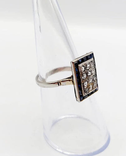 Bague 51 Bague marquise Art déco en or blanc 18k, diamants et saphirs calibrés 58 Facettes A06165