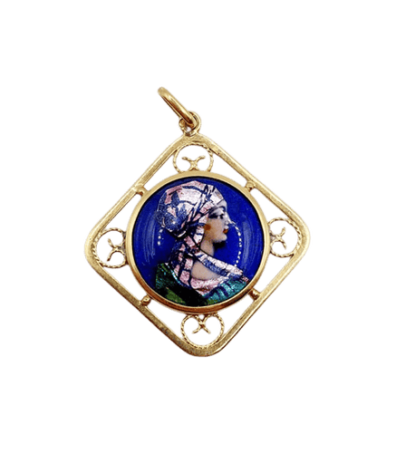 Pendentif Art nouveau - Pendentif en or 18k avec plaque émaillée Limoges 58 Facettes A06402