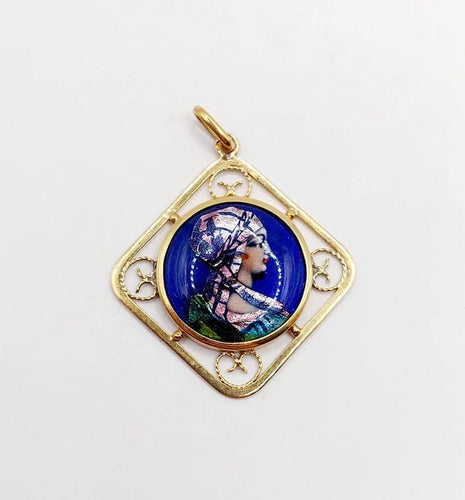 Pendentif Art nouveau - Pendentif en or 18k avec plaque émaillée Limoges 58 Facettes A06402