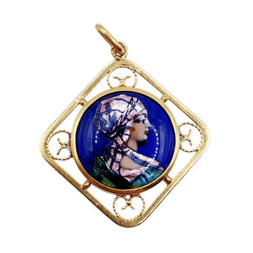Pendentif Art nouveau - Pendentif en or 18k avec plaque émaillée Limoges 58 Facettes A06402