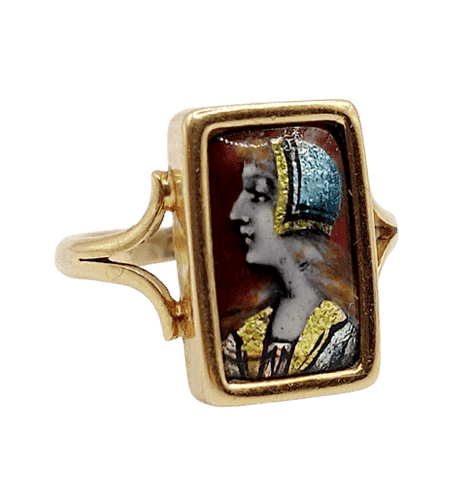 Bague 48.5 Bague Art nouveau Limoges en or 18k avec plaque émaillée 58 Facettes A06430