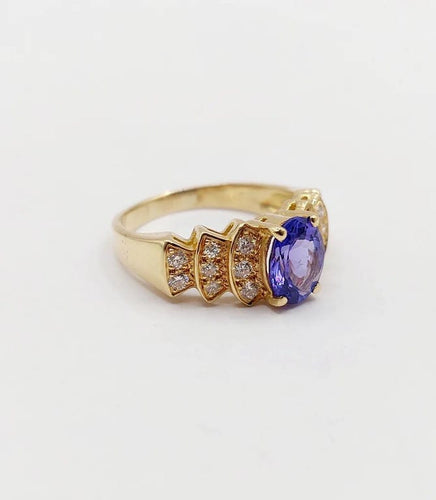 Bague 52 Bague jonc vintage en or 18k avec tanzanite et diamants 58 Facettes B01020