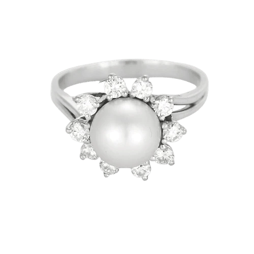 Bague 56 Bague Pétales brillantes en or blanc avec perle et diamants 58 Facettes LP1396/