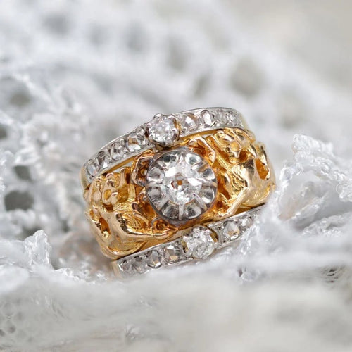 Bague 49 Bague bandeau ancienne chimères en or jaune 18 carats et diamants 58 Facettes 22-618