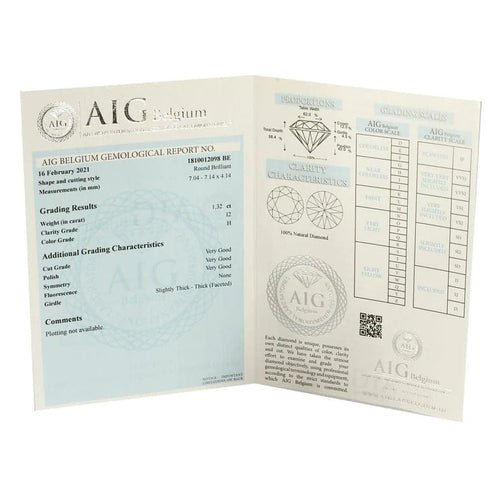 Collier Diamant scellé - Diamant taille brillant ronde 1,32 ct avec certificat AIG 58 Facettes LP302
