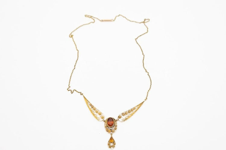 Collier Art nouveau - Collier ajouré en or jaune 18 carats, citrines et perle 58 Facettes 11785