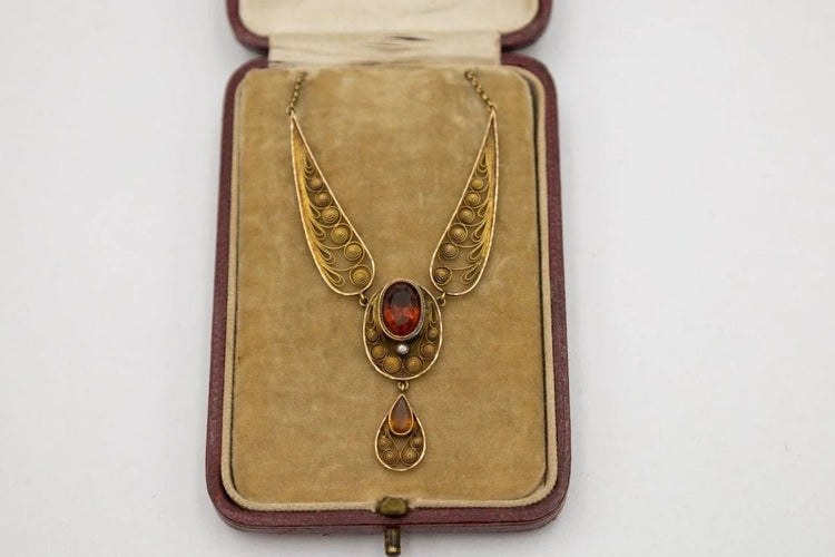 Collier Art nouveau - Collier ajouré en or jaune 18 carats, citrines et perle 58 Facettes 11785