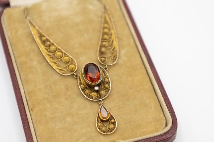 Collier Art nouveau - Collier ajouré en or jaune 18 carats, citrines et perle 58 Facettes 11785