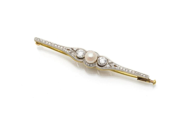 Broche Broche en or jaune 18 carats et platine avec diamants 0,95 ct et perle 58 Facettes 10611