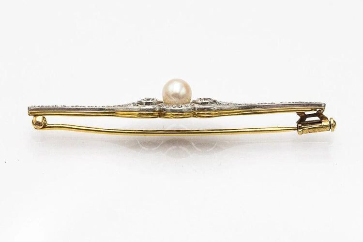 Broche Broche en or jaune 18 carats et platine avec diamants 0,95 ct et perle 58 Facettes 10611