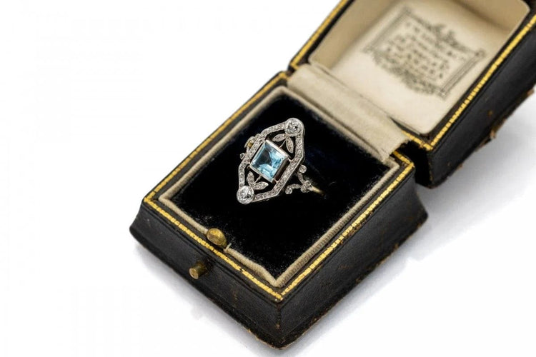 Bague 55 Art Déco - Bague en or jaune, platine, aigue-marine et diamants 58 Facettes 9831