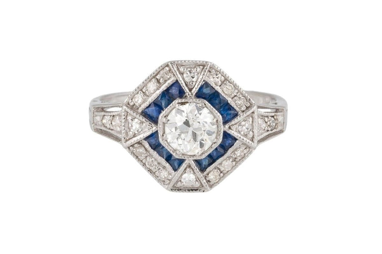 Bague 53 Art déco - Bague en or blanc, diamants et saphirs 58 Facettes 10488