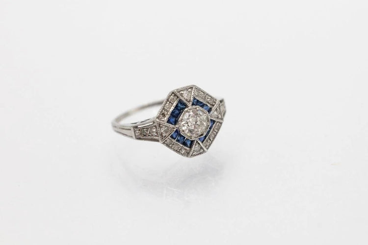 Bague 53 Art déco - Bague en or blanc, diamants et saphirs 58 Facettes 10488